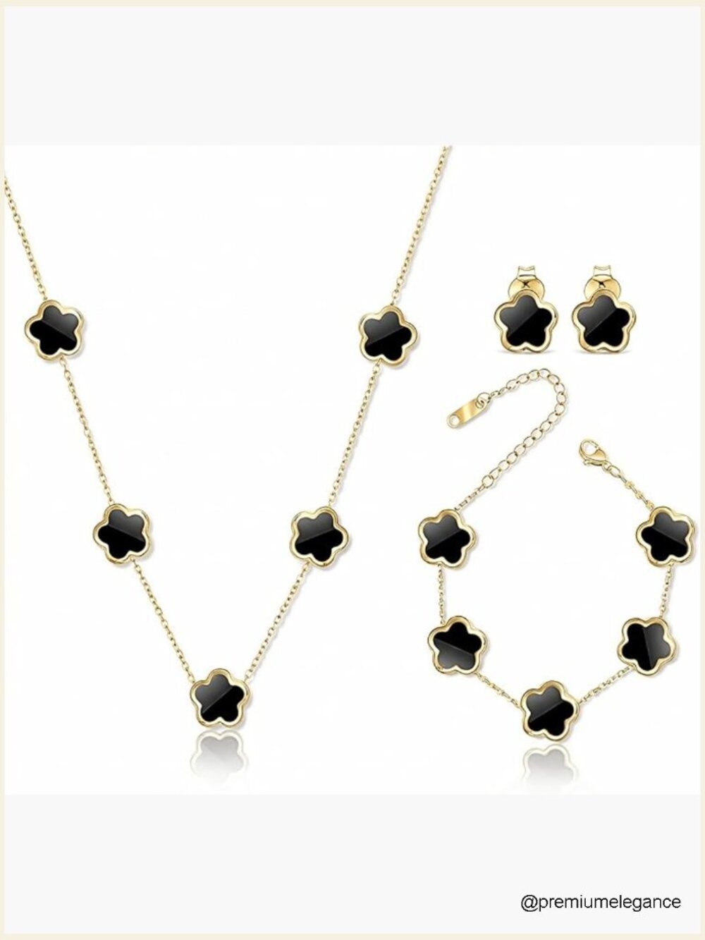 Five Leaf Clover Jewelry Set - Gold Bracelet Necklace Earrings Lucky Gift